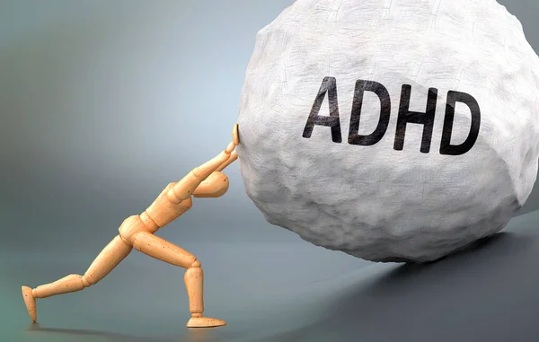 Adhd Painful Human Condition Pictured Wooden Human Figure Pushing Heavy — Stock Photo, Image