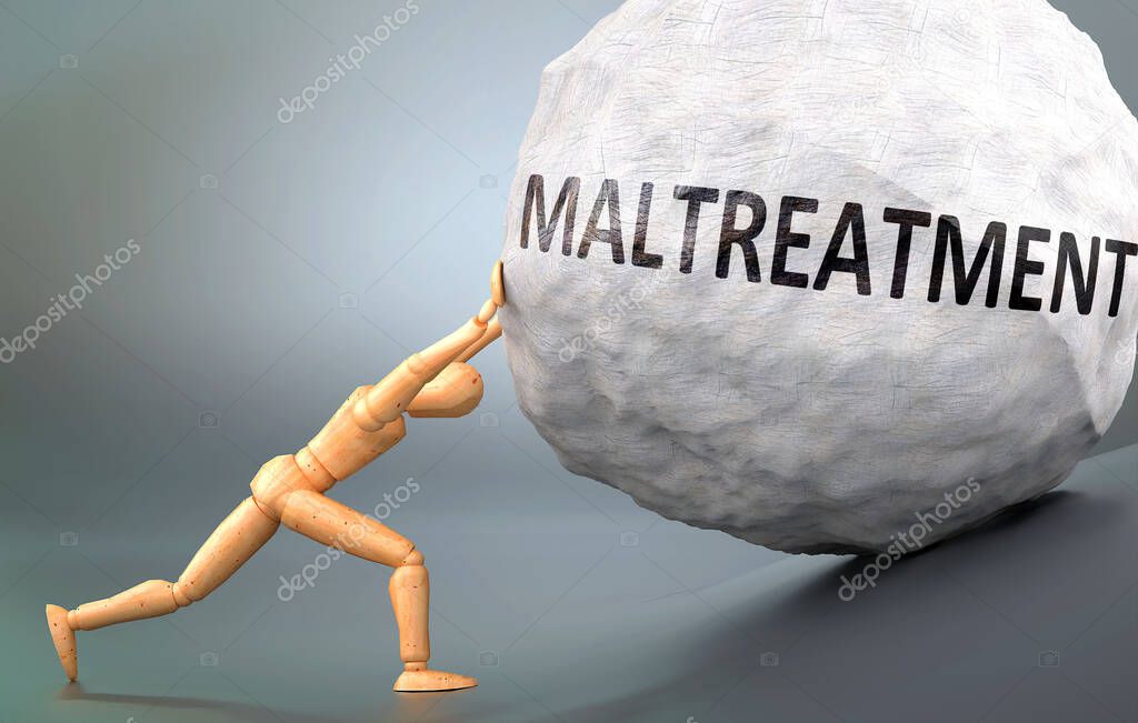 Maltreatment and painful human condition, pictured as a wooden human figure pushing heavy weight to show how hard it can be to deal with Maltreatment in human life, 3d illustration