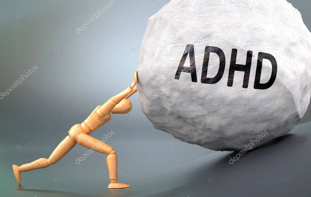 Adhd and painful human condition, pictured as a wooden human figure pushing heavy weight to show how hard it can be to deal with Adhd in human life, 3d illustration