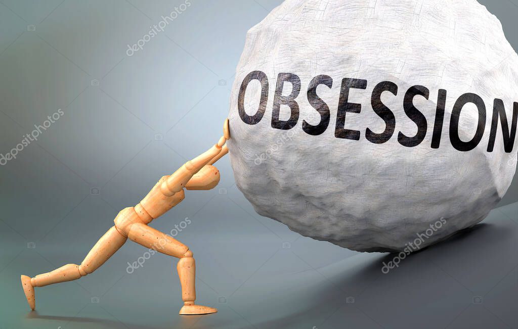 Obsession and painful human condition, pictured as a wooden human figure pushing heavy weight to show how hard it can be to deal with Obsession in human life, 3d illustration