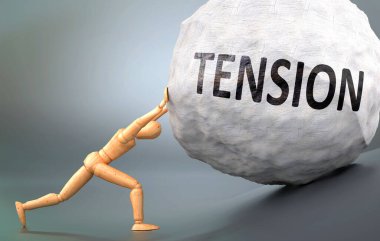 Gerilim ve acı verici insanlık hali, insan hayatındaki tansiyonla başa çıkmanın ne kadar zor olduğunu göstermek için ağırlığı zorlayan ahşap bir insan figürü olarak resmedilmiş.