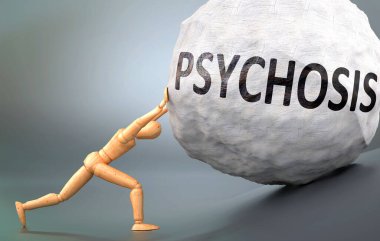 Psikoz ve acı verici insanlık hali, insan yaşamında psikoz ile başa çıkmanın ne kadar zor olduğunu göstermek için ağırlığı zorlayan ahşap bir insan figürü olarak resmedilmiş.
