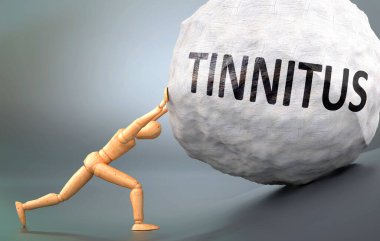 Tinitus ve acı verici insanlık hali, insan hayatında Tinnitus 'la başa çıkmanın ne kadar zor olduğunu göstermek için ağırlığı zorlayan ahşap bir insan figürü olarak resmedilmiş.
