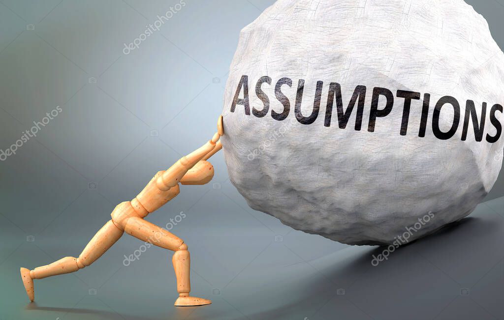 Assumptions and painful human condition, pictured as a wooden human figure pushing heavy weight to show how hard it can be to deal with Assumptions in human life, 3d illustration