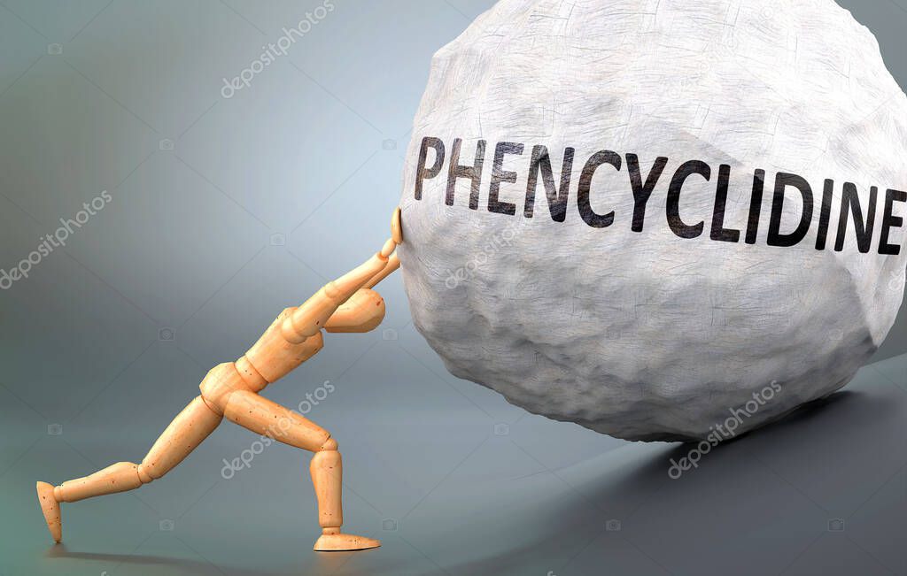 Phencyclidine and painful human condition, pictured as a wooden human figure pushing heavy weight to show how hard it can be to deal with Phencyclidine in human life, 3d illustration