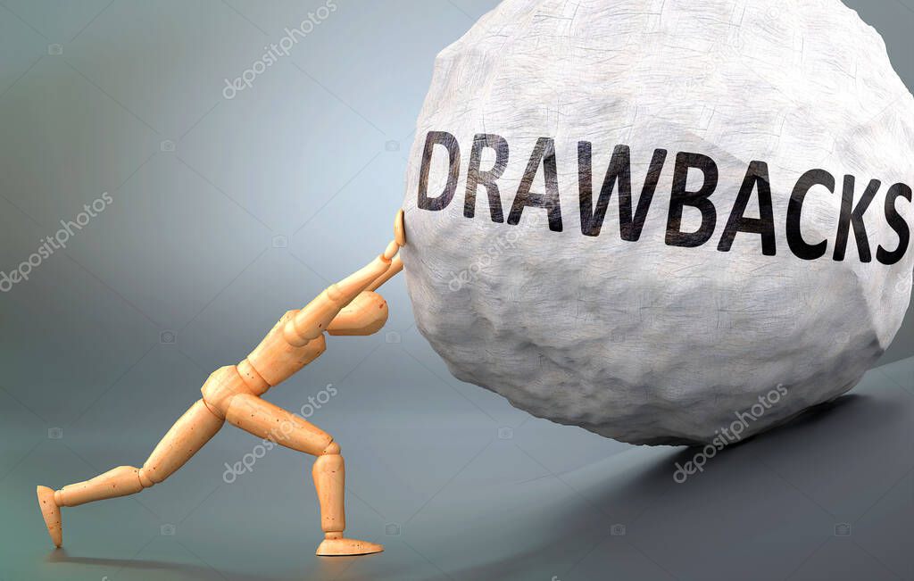 Drawbacks and painful human condition, pictured as a wooden human figure pushing heavy weight to show how hard it can be to deal with Drawbacks in human life, 3d illustration