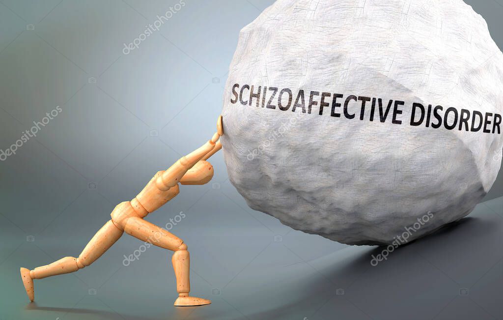 Schizoaffective disorder and human condition, pictured as a human figure pushing weight to show how hard it can be to deal with Schizoaffective disorder, 3d illustration