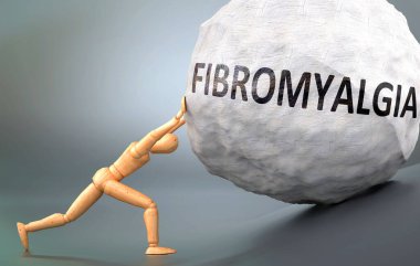Fibromiyalji ve acı verici insanlık hali, insan hayatında Fibromiyalji ile başa çıkmanın ne kadar zor olduğunu göstermek için ağır yük iten ahşap bir insan figürü olarak resmedilmiş.