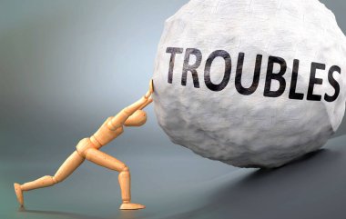 Sorunlar ve acılı insanlık hali, insan hayatındaki sorunlarla başa çıkmanın ne kadar zor olduğunu göstermek için ağırlığı zorlayan tahtadan bir insan figürü olarak resmedilmiş.