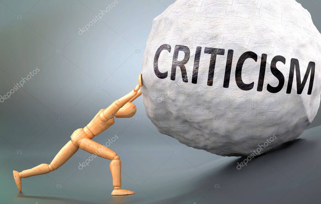 Criticism and painful human condition, pictured as a wooden human figure pushing heavy weight to show how hard it can be to deal with Criticism in human life, 3d illustration