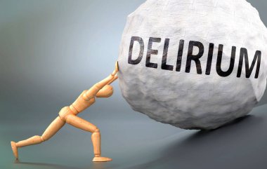 Hezeyan ve acı verici insanlık hali, insan hayatında deliyumla başa çıkmanın ne kadar zor olduğunu göstermek için ağırlığı zorlayan ahşap bir insan figürü olarak resmedilmiş.