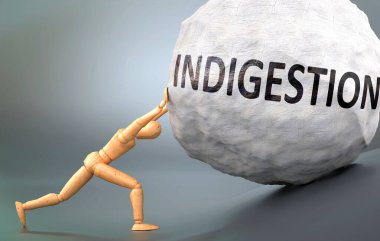 Hazımsızlık ve acı verici insanlık hali, insan hayatındaki hazımsızlıkla başa çıkmanın ne kadar zor olduğunu göstermek için ağırlığı zorlayan ahşap bir insan figürü olarak resmedilmiş.
