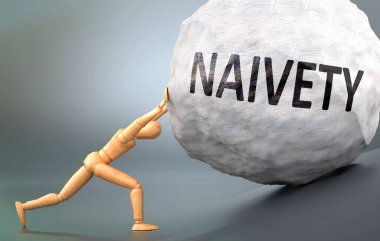 Saflık ve acı verici insanlık hali, insan hayatındaki saflıkla başa çıkmanın ne kadar zor olduğunu göstermek için ağır yük iten ahşap bir insan figürü olarak resmedilmiş.