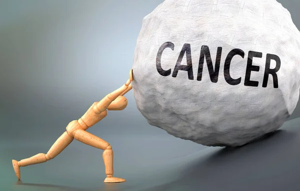 Cancer Painful Human Condition Pictured Wooden Human Figure Pushing Heavy — Stock Photo, Image