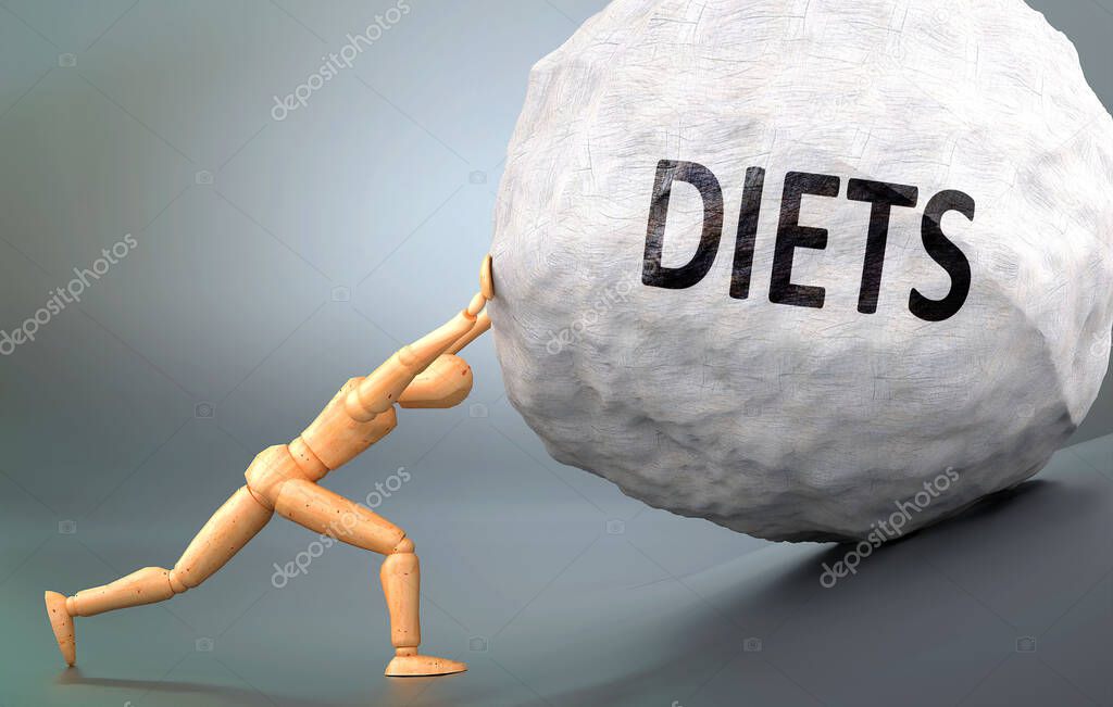 Diets and painful human condition, pictured as a wooden human figure pushing heavy weight to show how hard it can be to deal with Diets in human life, 3d illustration