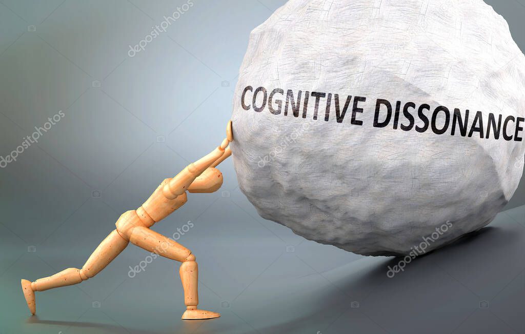 Cognitive dissonance and painful human condition, pictured as a wooden human figure pushing heavy weight to show how hard it can be to deal with Cognitive dissonance in human life, 3d illustration