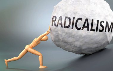 Radikalizm ve acı verici insanlık hali, insan yaşamında Radikalizmle başa çıkmanın ne kadar zor olduğunu göstermek için ağır yük iten tahtadan bir insan figürü olarak resmedilmiş, 3D illüstrasyon