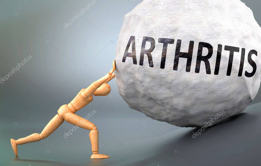 Arthritis and painful human condition, pictured as a wooden human figure pushing heavy weight to show how hard it can be to deal with Arthritis in human life, 3d illustration