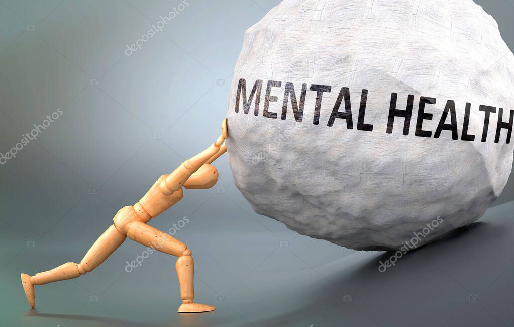 Mental health and painful human condition, pictured as a wooden human figure pushing heavy weight to show how hard it can be to deal with Mental health in human life, 3d illustration