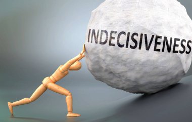 Indecisiveness and painful human condition, pictured as a wooden human figure pushing heavy weight to show how hard it can be to deal with Indecisiveness in human life, 3d illustration