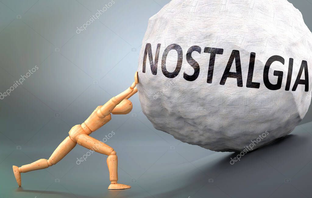 Nostalgia and painful human condition, pictured as a wooden human figure pushing heavy weight to show how hard it can be to deal with Nostalgia in human life, 3d illustration