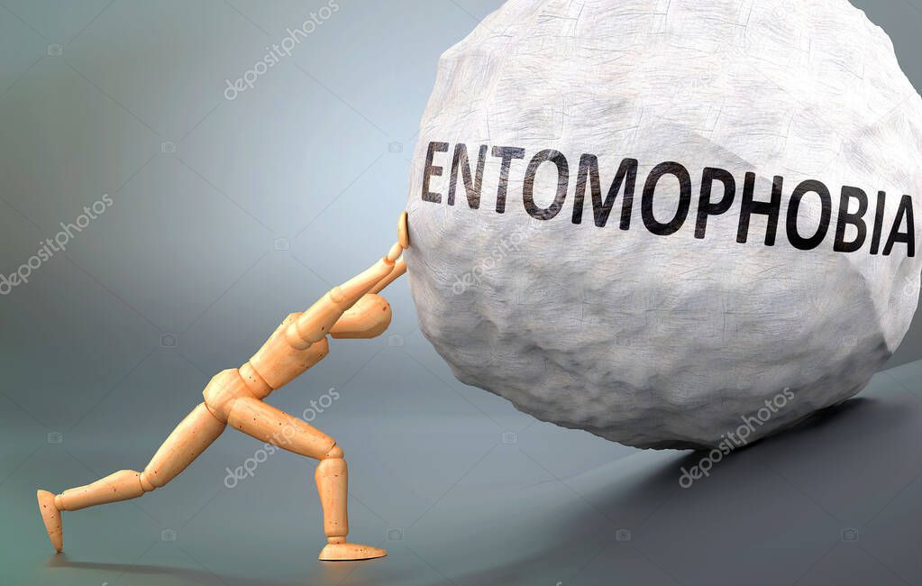 Entomophobia and painful human condition, pictured as a wooden human figure pushing heavy weight to show how hard it can be to deal with Entomophobia in human life, 3d illustration