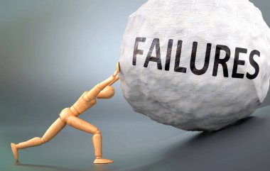 Başarısızlıklar ve acılı insanlık hali, insan hayatındaki başarısızlıklarla başa çıkmanın ne kadar zor olduğunu göstermek için ağır yük iten ahşap bir insan figürü olarak resmedilmiş.