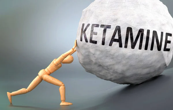 Ketamin ve acı verici insanlık hali, insan hayatında ketaminle başa çıkmanın ne kadar zor olduğunu göstermek için ağırlığı zorlayan ahşap bir insan figürü olarak resmedilmiş, 3 boyutlu illüstrasyon.
