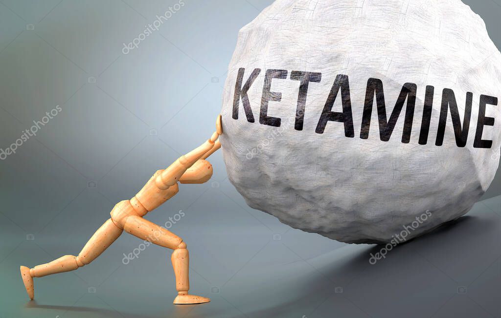 Ketamine and painful human condition, pictured as a wooden human figure pushing heavy weight to show how hard it can be to deal with Ketamine in human life, 3d illustration