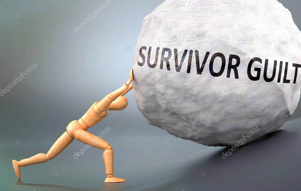 Survivor guilt and painful human condition, pictured as a wooden human figure pushing heavy weight to show how hard it can be to deal with Survivor guilt in human life, 3d illustration