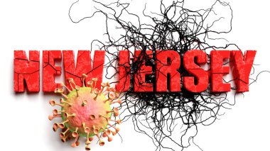 Covid salgını sırasındaki bozulma ve New Jersey salgını, salgının yol açtığı mevcut sorunları sembolize eden azalan ifade New Jersey ve Corona virüsü olarak resmedilmiştir.