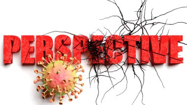 Covid salgını sırasında bozulma ve perspektif, azalan ifade perspektifi olarak resmedilmiş ve salgının, 3d illüstrasyonunun neden olduğu mevcut sorunları sembolize eden bir korona virüsü