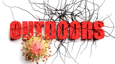 Covid salgını sırasında dışarıda bozulma ve bozulma, açık havada azalan bir ifade ve salgının yol açtığı mevcut sorunları sembolize eden bir korona virüsü olarak resmedilmiş.