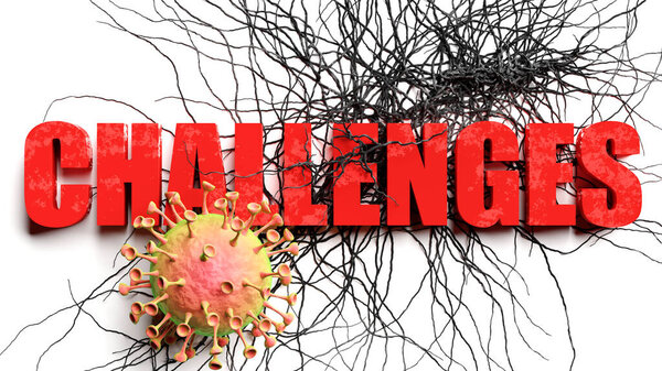 Degradation and challenges during covid pandemic, pictured as declining phrase challenges and a corona virus to symbolize current problems caused by epidemic, 3d illustration