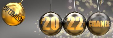 2022 yılının değişiminin itici gücü olarak iyimserlik - iyimserlik ifadesinin 2022 yılına momentum kazandırdığı sallanan bir küre olarak resmedilmiş, bu da değişime, 3d illüstrasyonuna yol açar.