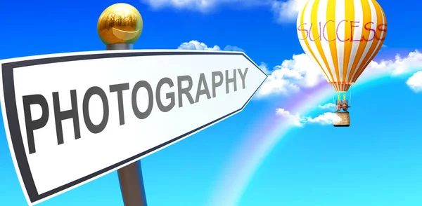 Photography Leads Success Shown Sign Phrase Photography Pointing Balloon Sky — Foto de Stock