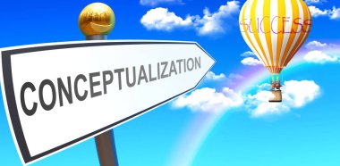 Conceptualization leads to success - shown as a sign with a phrase Conceptualization pointing at balloon in the sky with clouds to symbolize the meaning of Conceptualization, 3d illustration