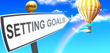 Setting goals leads to success - shown as a sign with a phrase Setting goals pointing at balloon in the sky with clouds to symbolize the meaning of Setting goals, 3d illustration