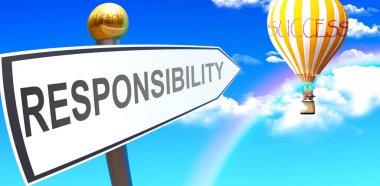 Responsibility leads to success - shown as a sign with a phrase Responsibility pointing at balloon in the sky with clouds to symbolize the meaning of Responsibility, 3d illustration