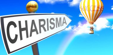 Charisma leads to success - shown as a sign with a phrase Charisma pointing at balloon in the sky with clouds to symbolize the meaning of Charisma, 3d illustration