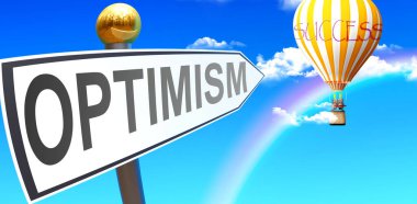 Optimism leads to success - shown as a sign with a phrase Optimism pointing at balloon in the sky with clouds to symbolize the meaning of Optimism, 3d illustration