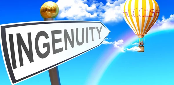 Ingenuity Leads Success Shown Sign Phrase Ingenuity Pointing Balloon Sky — Stock Fotó