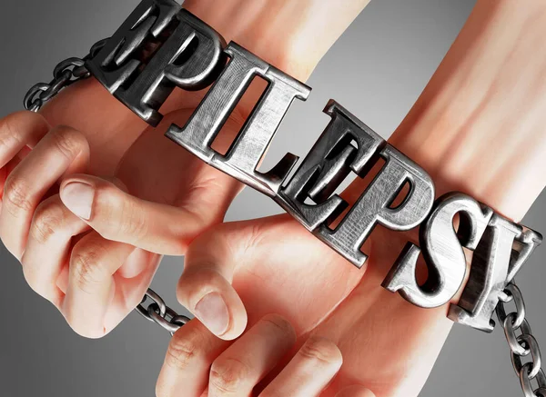 Epilepsy restricting life and freedom, bringing enslavement, pain and misery to human life - symbolized by chains and shackles made of metal word Epilepsy on a person\'s hands, 3d illustration