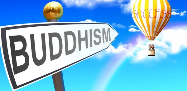Buddhism Leads Success Shown Sign Phrase Buddhism Pointing Balloon Sky — 스톡 사진