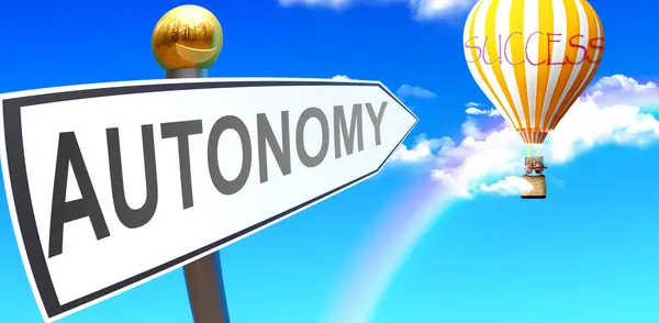 Autonomy Leads Success Shown Sign Phrase Autonomy Pointing Balloon Sky — Stock fotografie