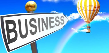 İş başarıya götürür. İş dünyası, iş dünyasının 3d illüstrasyonunun anlamını sembolize etmek için gökyüzündeki balonu işaret eder.