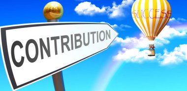 Katkı başarıya götürür - bir işaret olarak gösterilen bir ifade ile gökyüzündeki balonu işaret eden katkı ve bulutlarla birlikte 3 boyutlu illüstrasyonun anlamını sembolize eder.