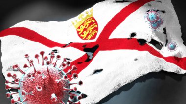 Jersey 'deki Covid - Coronavirus bu ülkedeki virüs salgınıyla mücadele sembolü olarak Jersey' nin ulusal bayrağına saldırıyor.