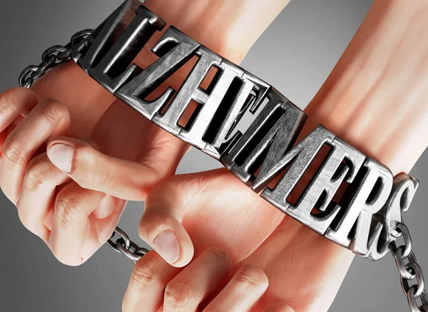 Alzheimers restricting life and freedom, bringing enslavement, pain and misery to human life - symbolized by chains and shackles made of metal word Alzheimers on a person's hands, 3d illustration
