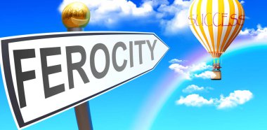 Vahşet başarıya götürür - bir işaret olarak gökyüzünde bir balonu işaret eden bir işaret ile gösterilir. Bulutlar, Ferocity 'nin anlamını sembolize eder, 3d illüstrasyon